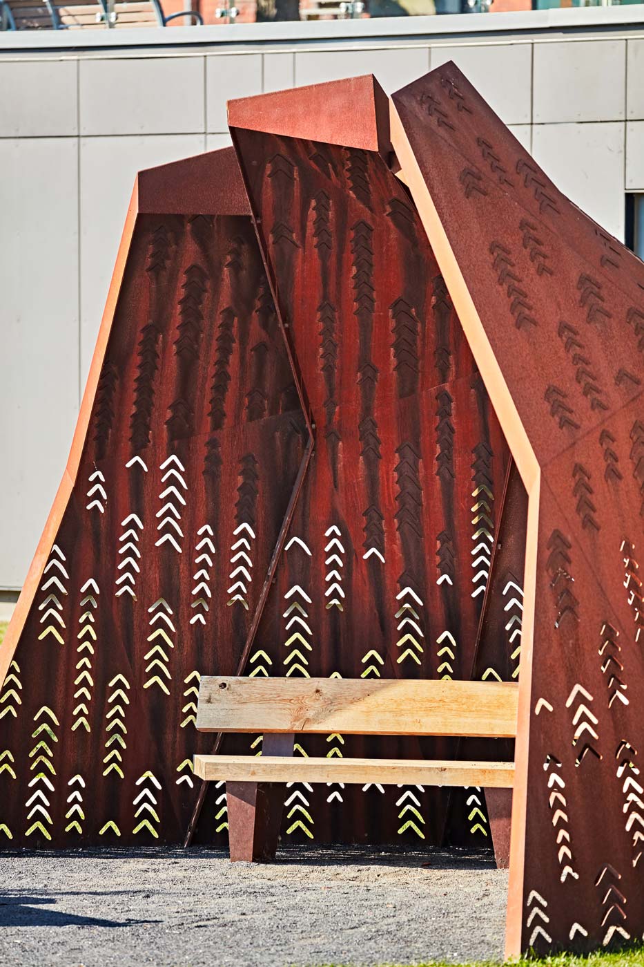 Tom Ridout, Courtesy of Brook McIlroy. The Carrying Place Trail includes the Gathering Place - inspired by Anishnaabeg lodge structure.